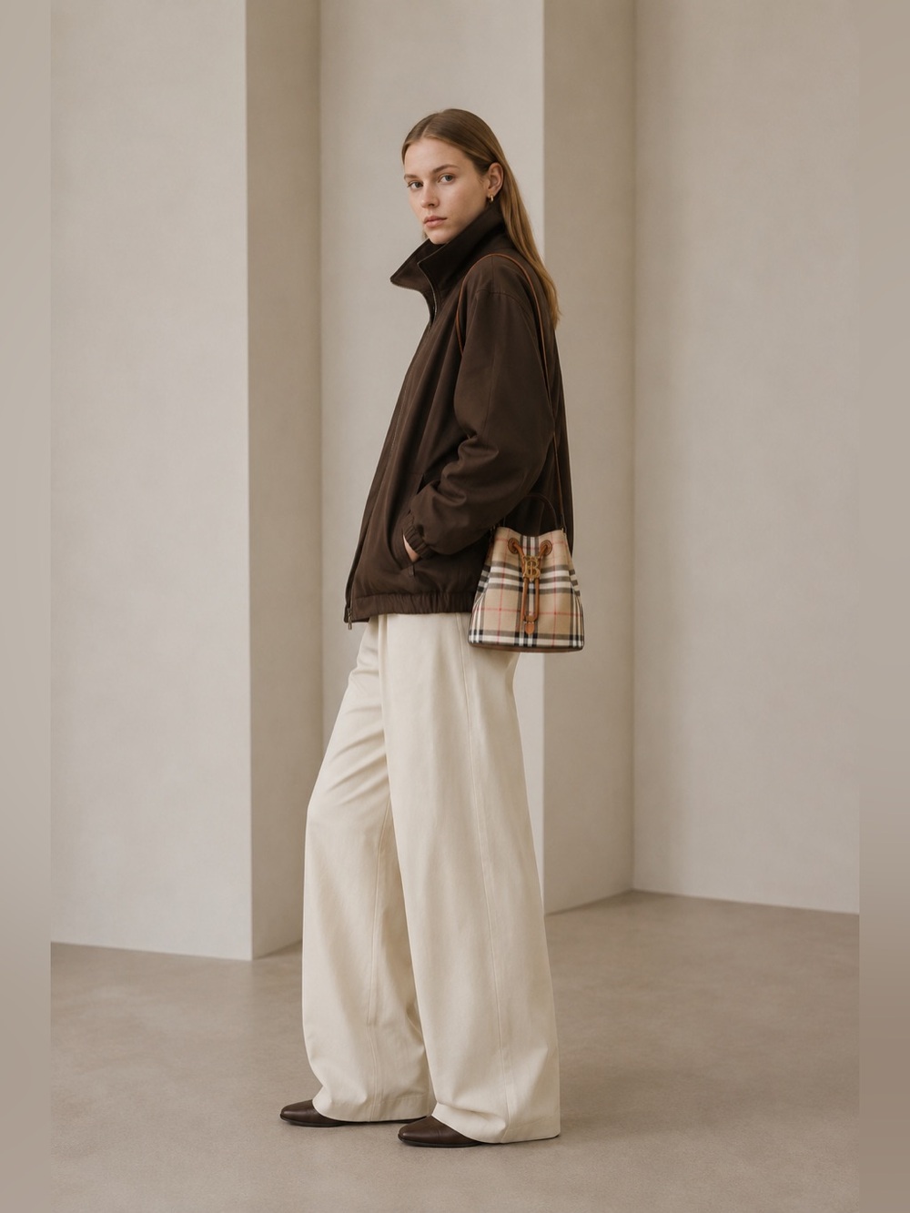 Burberry Beige Vintage Check Leather-Trim Drawstring Crossbody Bag - Picture 9 of 9
